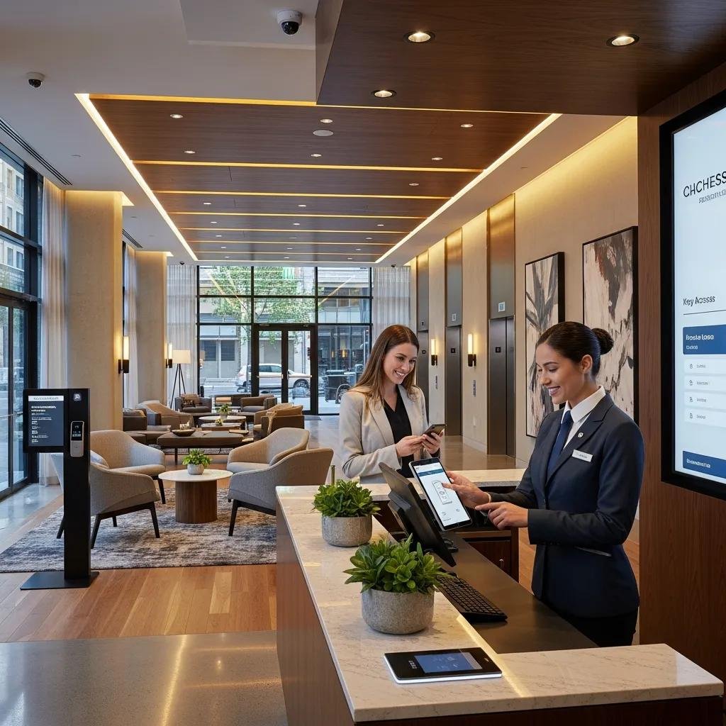 Modern hotel lobby with electronic security features and staff assisting guests