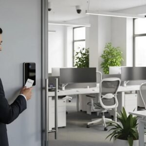 Modern office access control system with employee using a key card