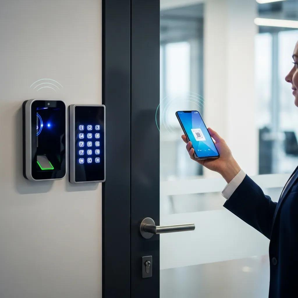 Modern office access control systems featuring biometric scanner and mobile access