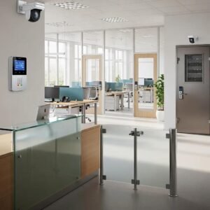 Modern office security measures including locks and surveillance systems