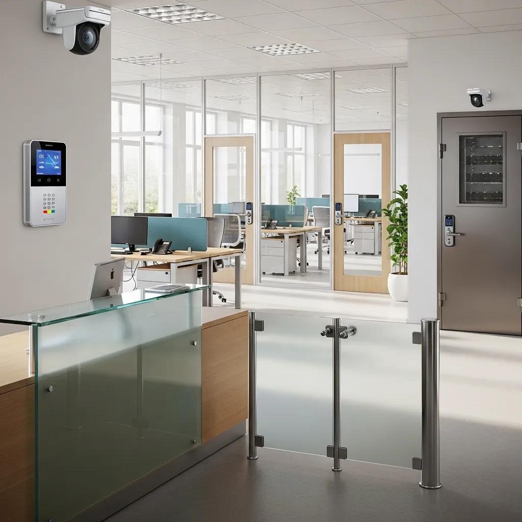 Modern office security measures including locks and surveillance systems