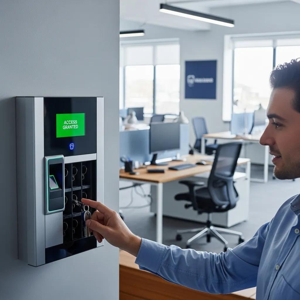 Modern office with electronic key management system showcasing security and efficiency