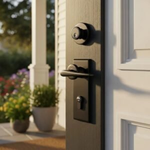 Modern residential door featuring stylish knob and lever locks for enhanced security