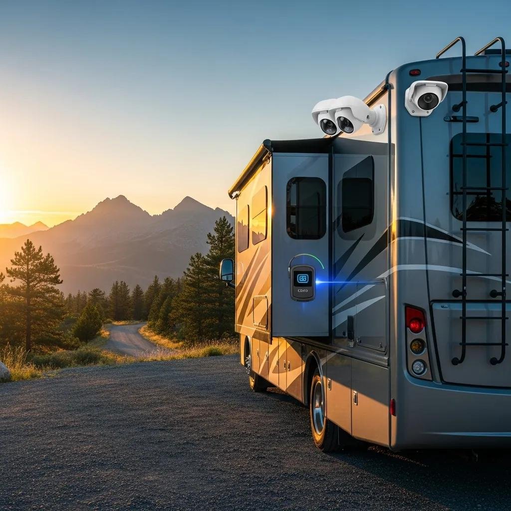 Modern RV with security system features like surveillance cameras and GPS tracking