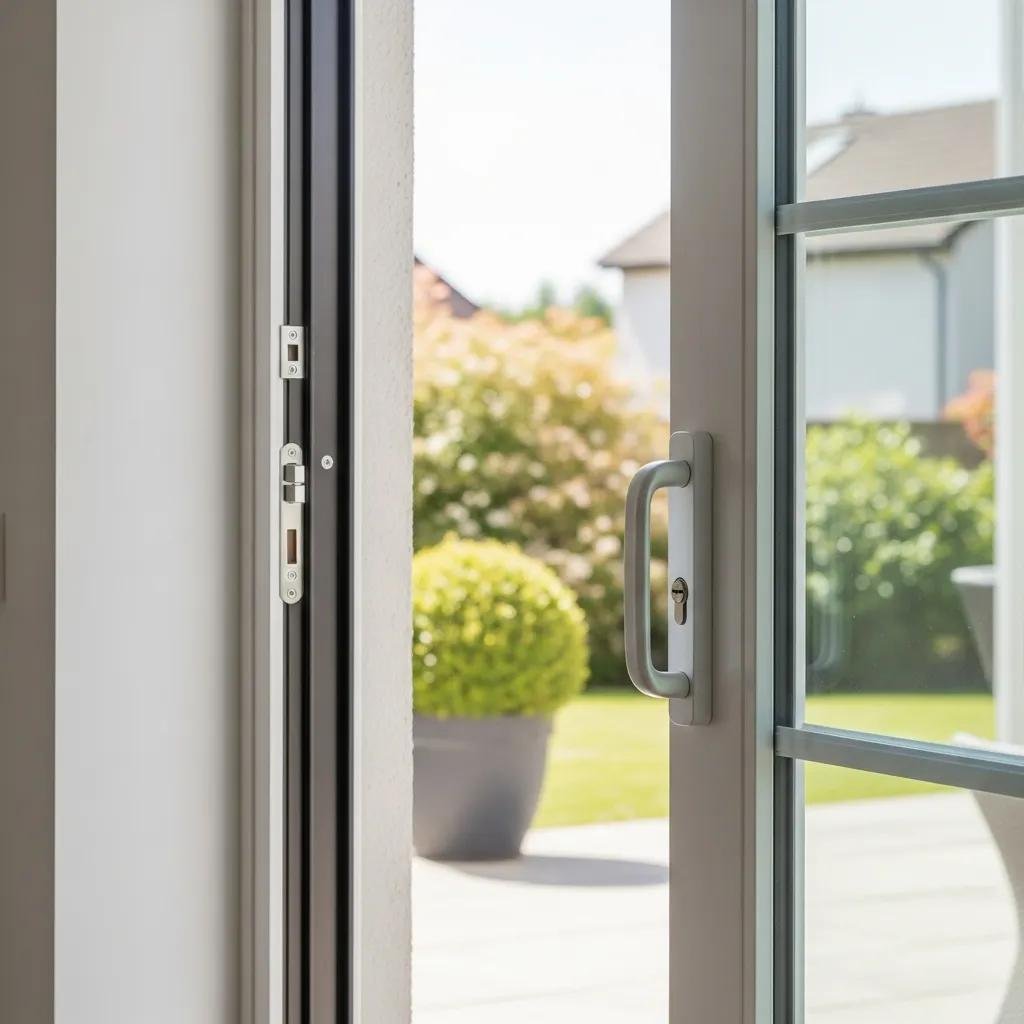 Modern sliding glass door with high-security lock, showcasing safety and outdoor access