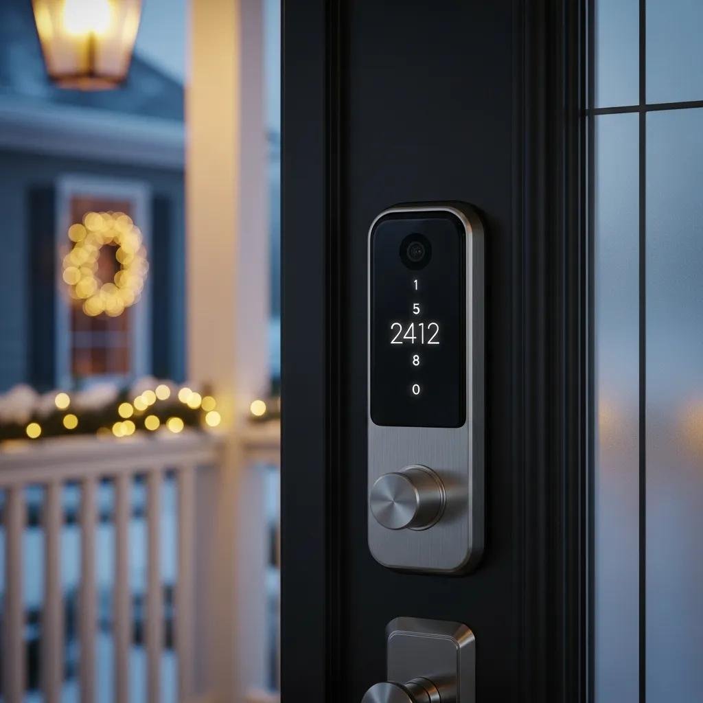 Modern smart lock on a front door highlighting advanced home security