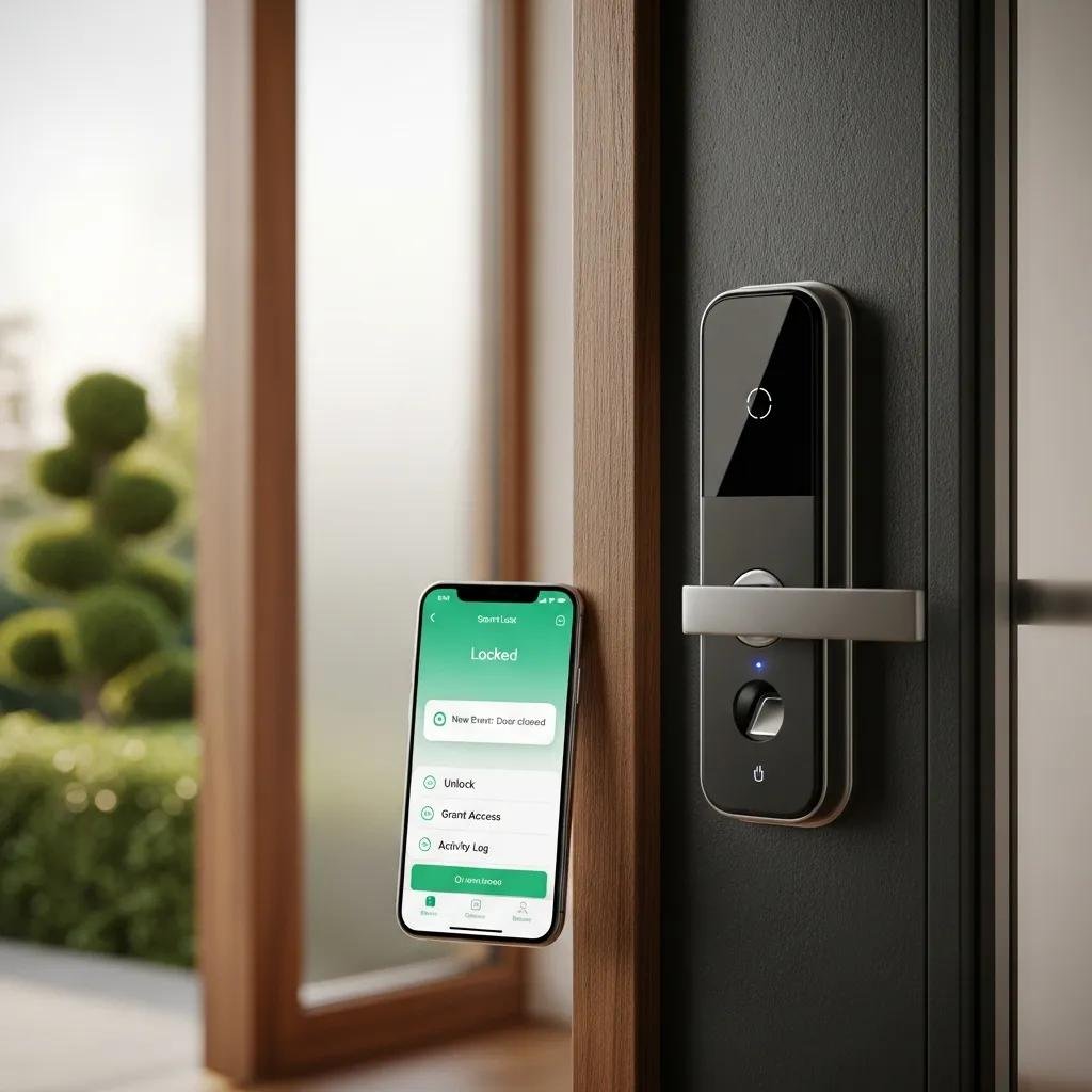 Modern smart lock on a front door, illustrating advanced home security solutions for residents in Cornelius NC