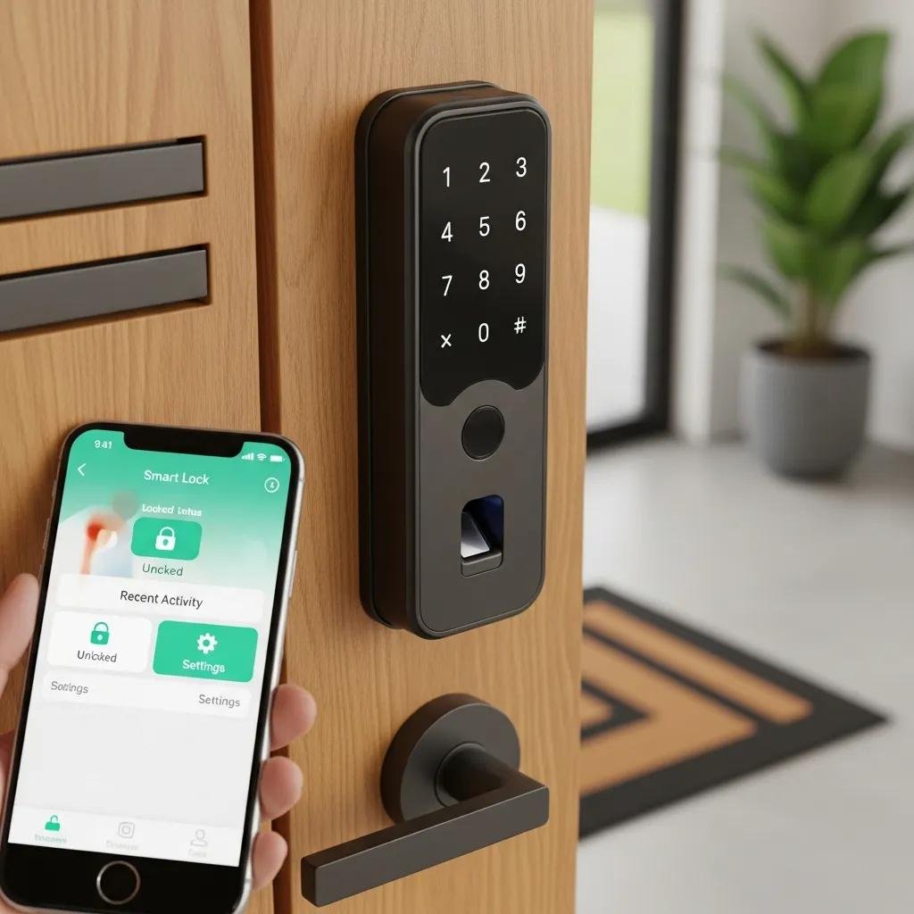 Modern smart lock on a front door, illustrating enhanced home safety solutions in Huntersville