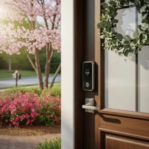 Modern smart lock on a front door in Charlotte, NC, emphasizing home security and convenience