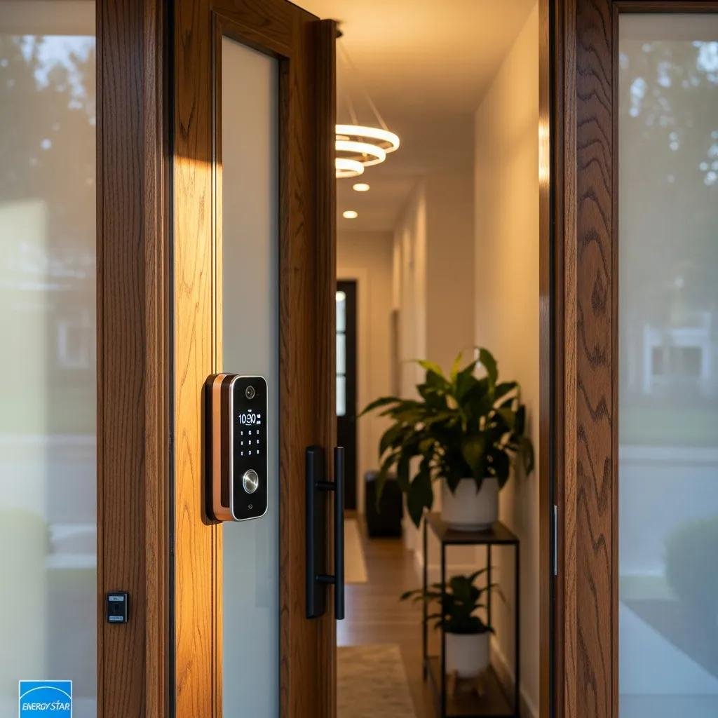 Modern smart lock on a front door representing energy efficiency and home security