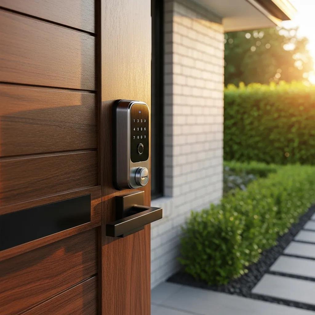 Modern smart lock on a front door representing home security and technology
