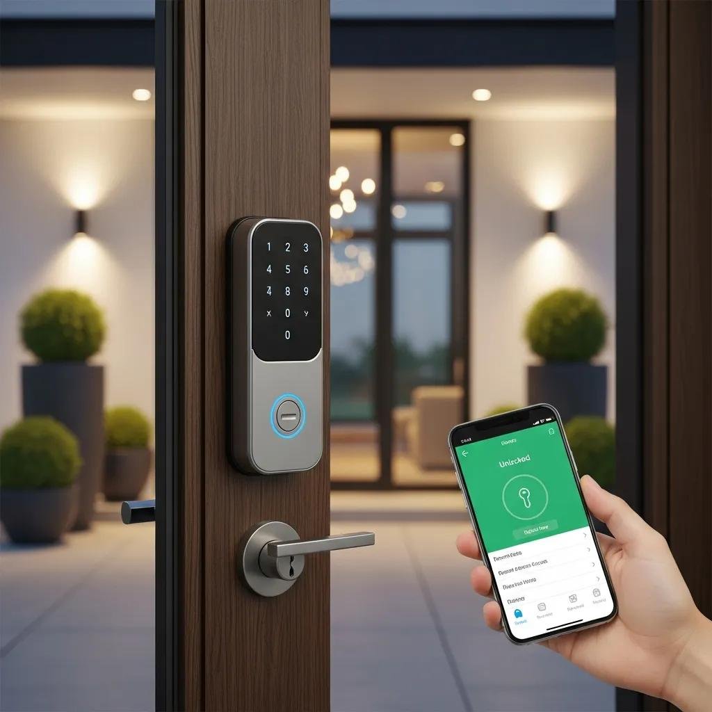 Modern smart lock on a front door with smartphone app, representing advanced home security solutions