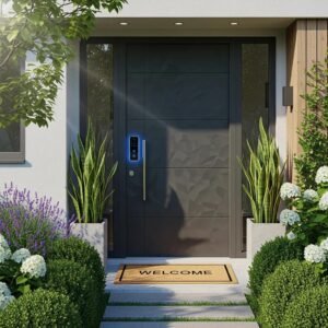 Modern smart lock on a home door with a garden, symbolizing advanced home security