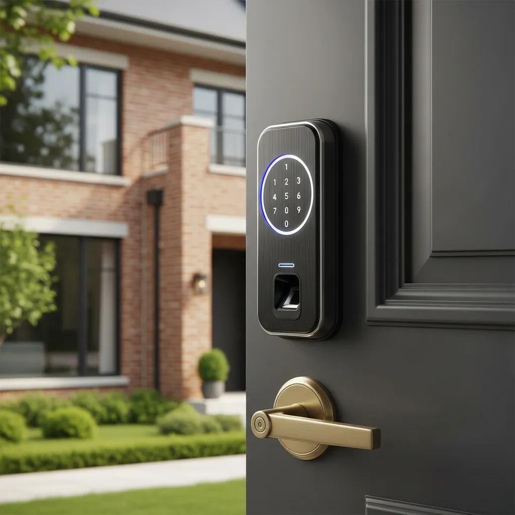 Modern smart lock on a residential door enhancing security and convenience