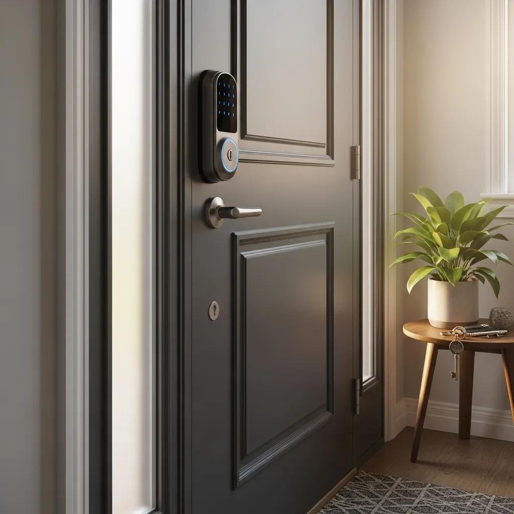 Modern smart lock on a stylish front door, emphasizing security and convenience