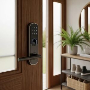 Modern smart lock on a stylish front door, representing advanced home security technology