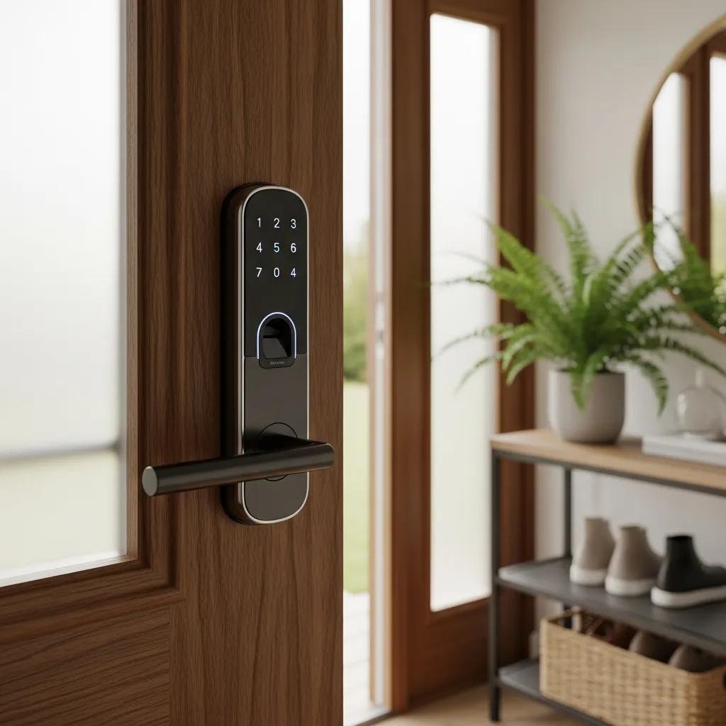 Modern smart lock on a stylish front door, representing advanced home security technology