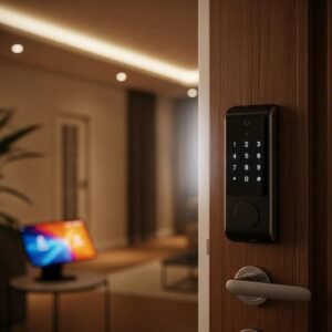 Modern smart lock on a stylish front door representing cybersecurity for smart home devices