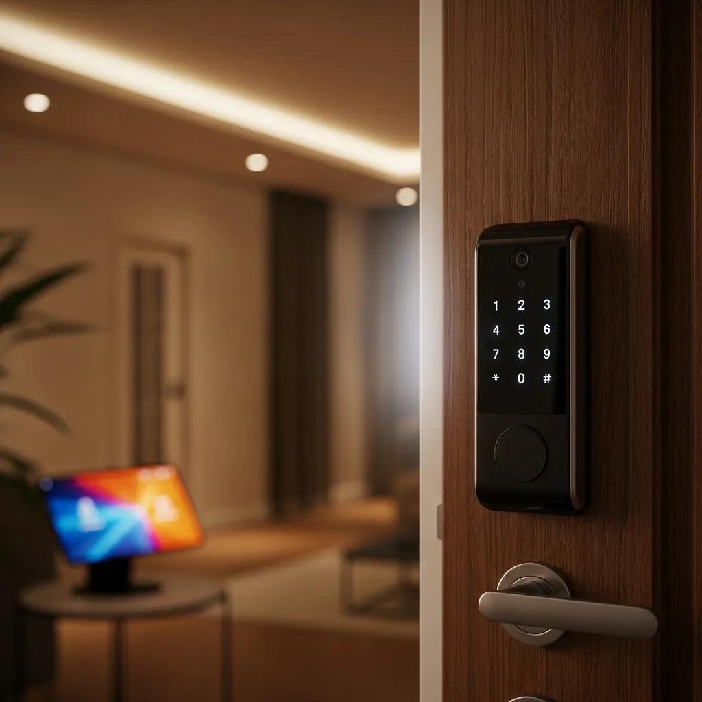 Modern smart lock on a stylish front door representing cybersecurity for smart home devices