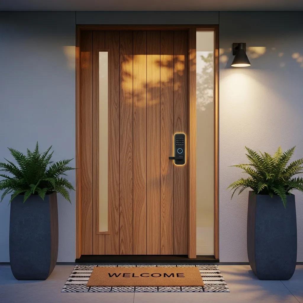 Modern smart lock on a stylish home door, emphasizing home security and convenience