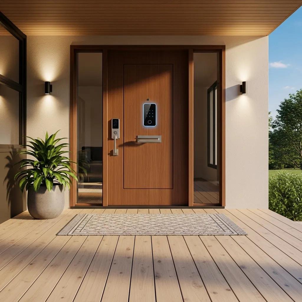 Modern smart lock on a stylish home entrance door, symbolizing advanced home security solutions