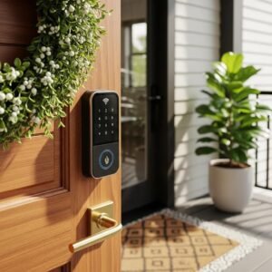 Modern smart lock on a vacation rental door, symbolizing security and keyless entry