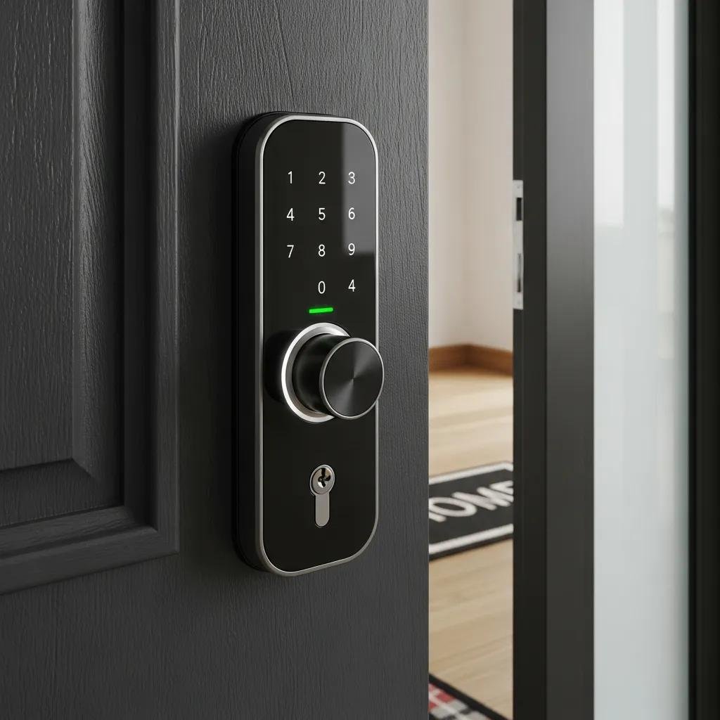 Modern smart lock on front door, illustrating security features and emergency access