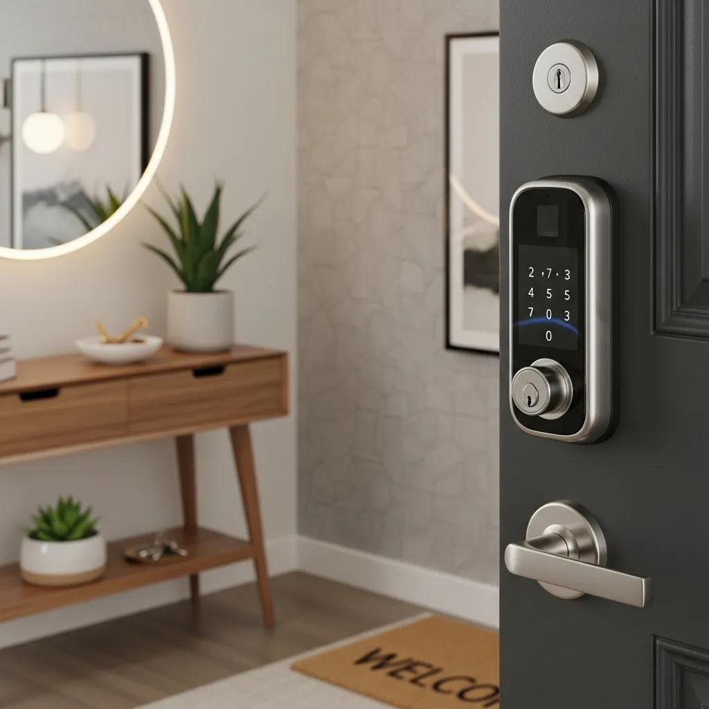 Modern smart lock on rental apartment door illustrating keyless entry convenience