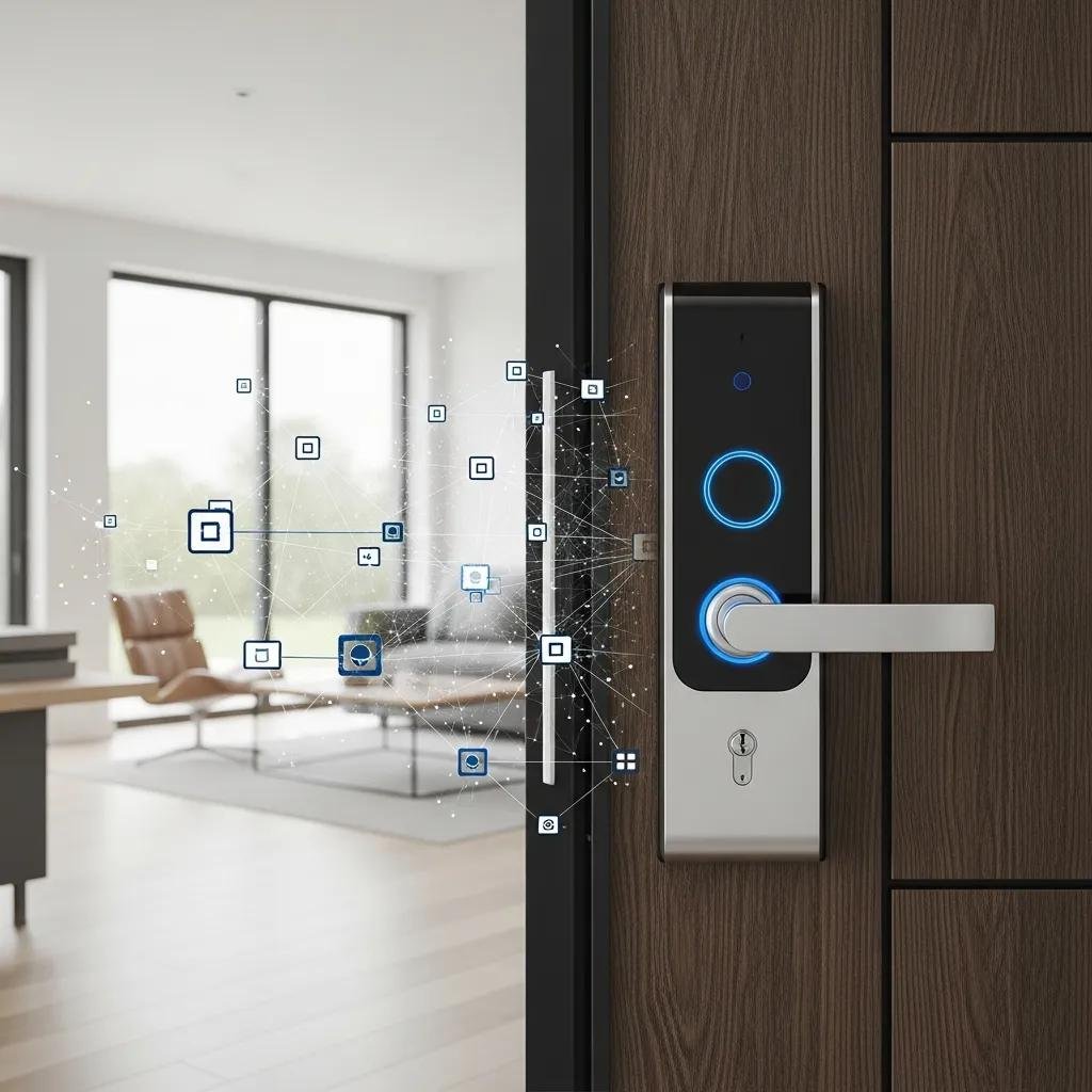 Modern smart lock showcasing blockchain technology in a contemporary home setting
