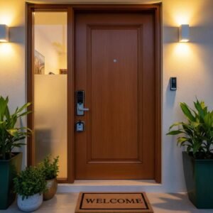 Modern vacation rental entrance with smart lock, emphasizing security and comfort