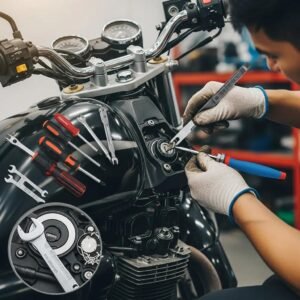 Motorcycle locksmith working on ignition with tools in a workshop