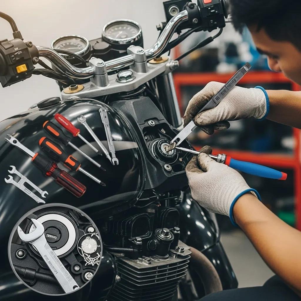 Motorcycle locksmith working on ignition with tools in a workshop