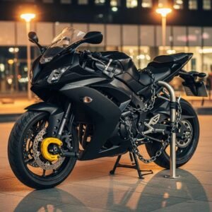 Motorcycle secured with high-quality locks in a well-lit area, emphasizing security measures