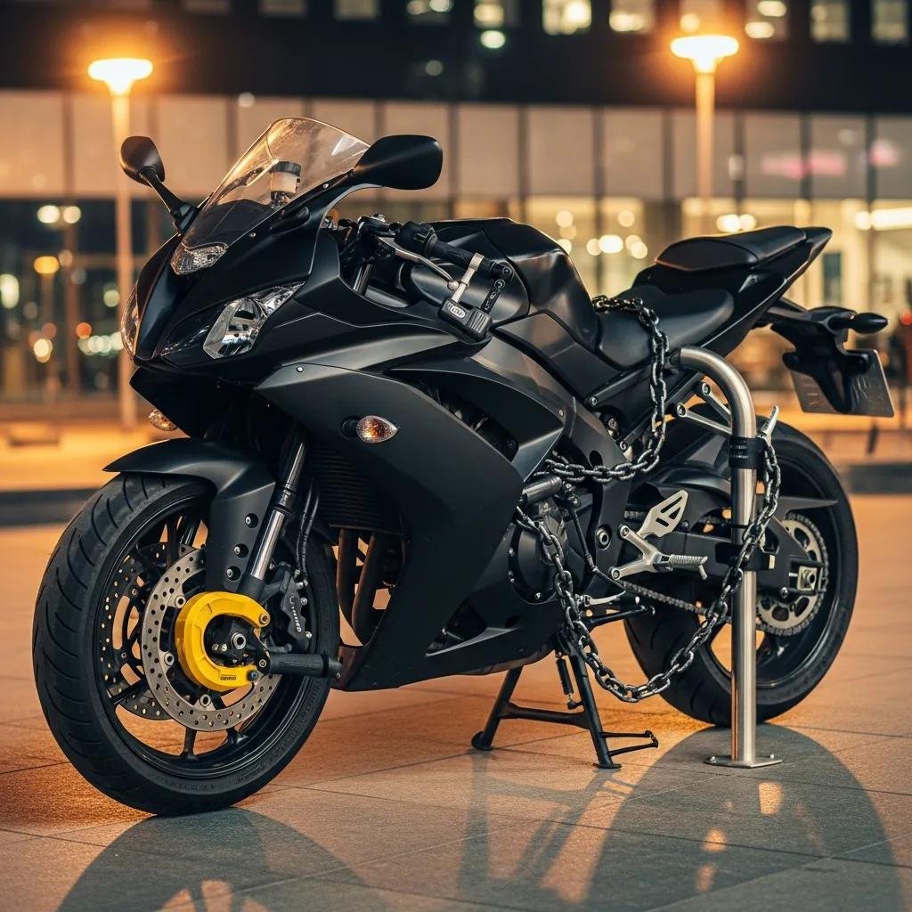 Motorcycle secured with high-quality locks in a well-lit area, emphasizing security measures