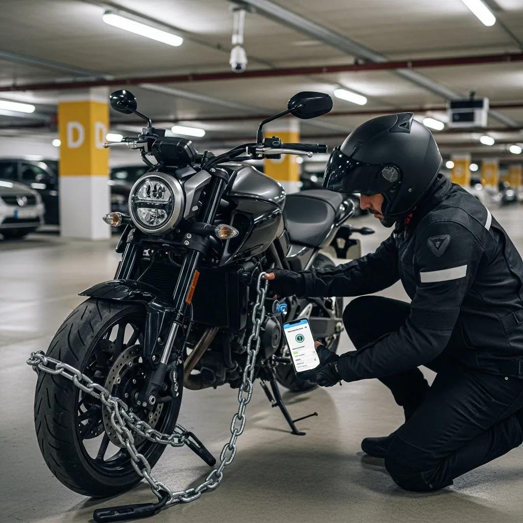 Motorcycle secured with physical lock and alarm system in safe parking