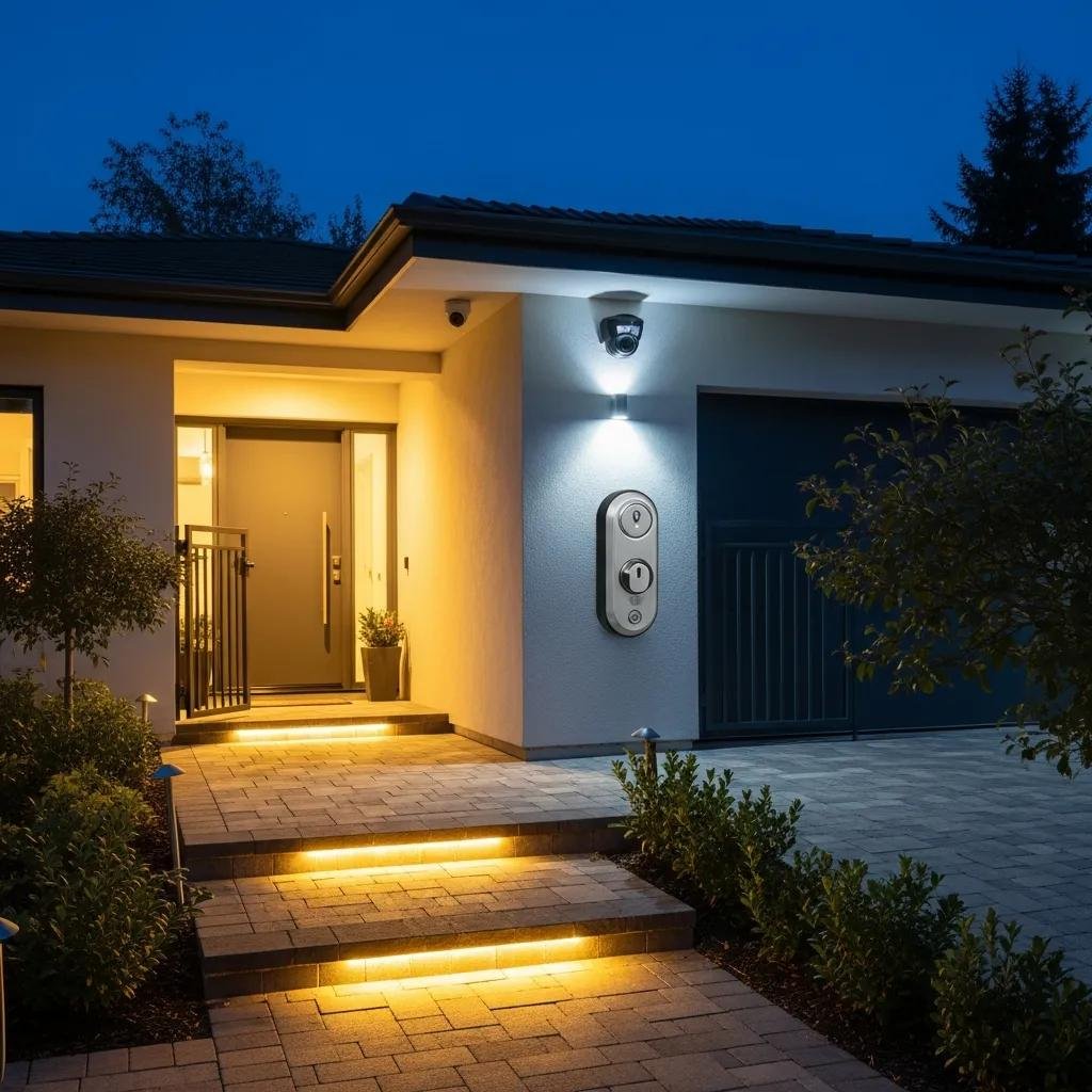 Outdoor scene with motion-activated lights illuminating a home's entry points for security
