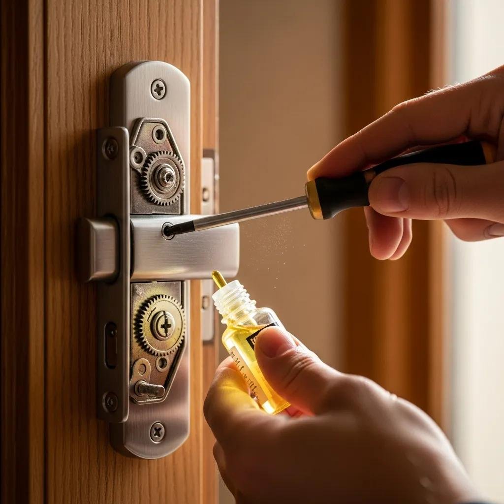 Person adjusting a door latch with tools in a home setting