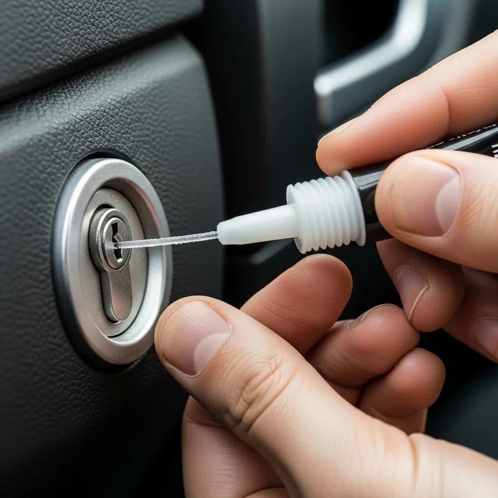 Person applying dry lubricant to an automotive lock, demonstrating proper maintenance techniques for vehicle security