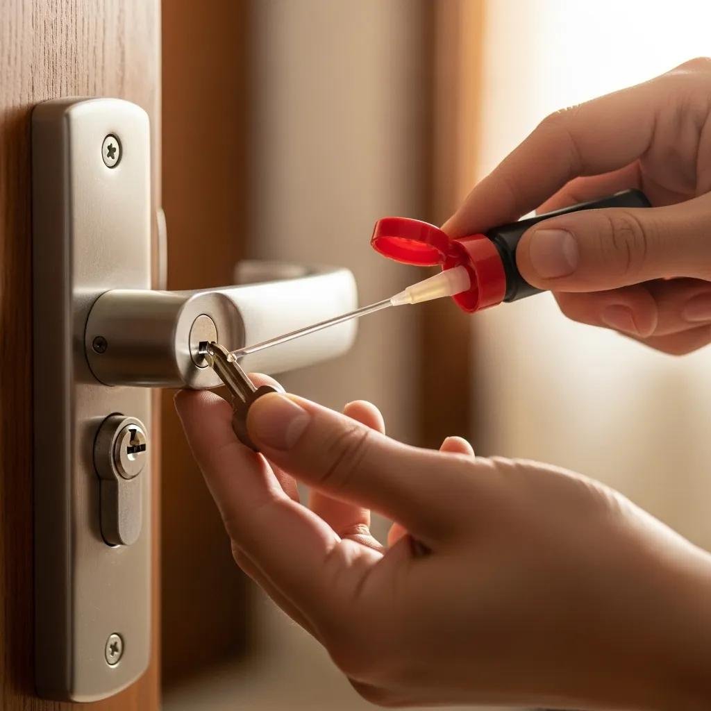 Person applying lubricant to a door lock for maintenance