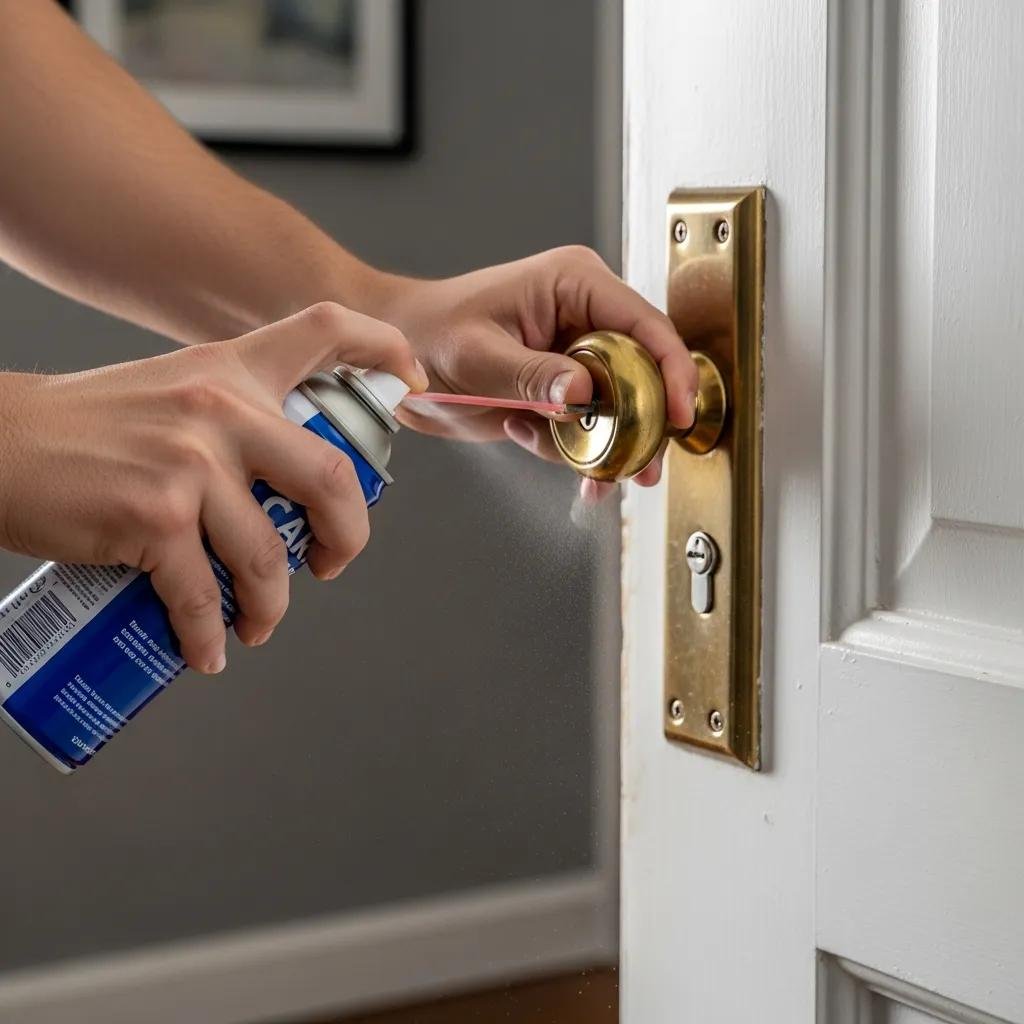Person applying lubricant to a door lock for repair