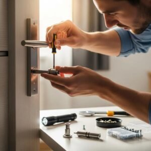 Person changing a door lock cylinder with tools in a home setting