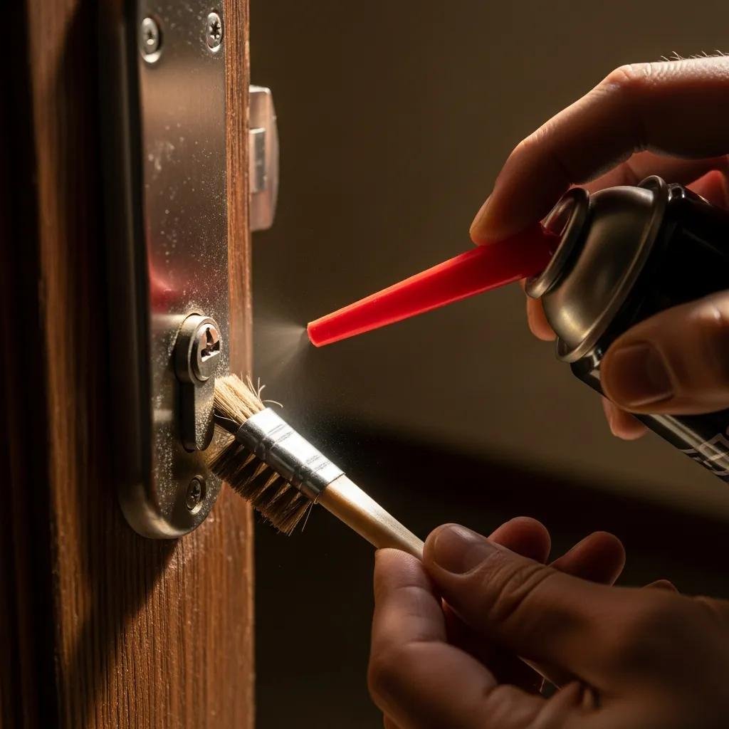Person cleaning a door lock keyhole with compressed air and brush