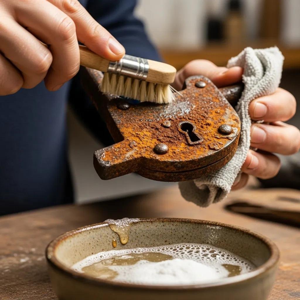 Person cleaning a rusty lock using vinegar and baking soda