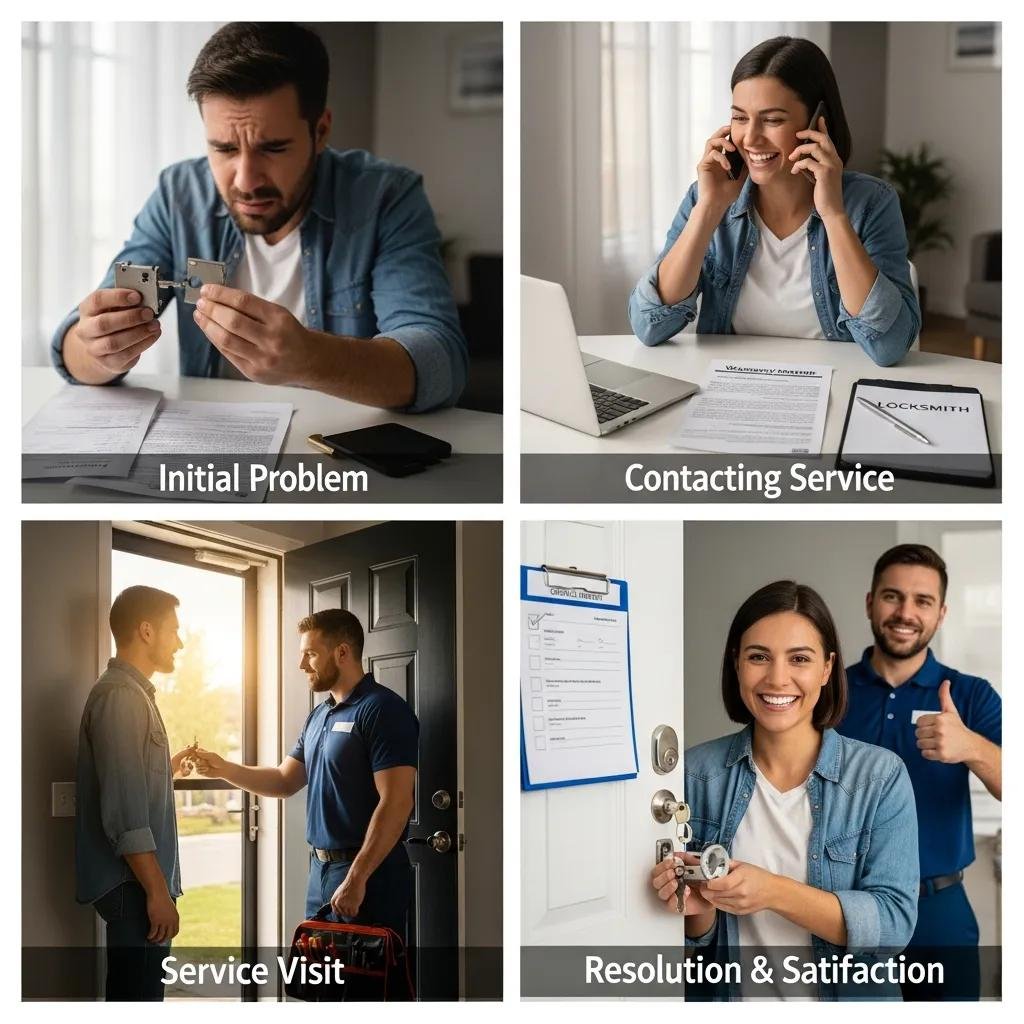 Person contacting a locksmith service for warranty claim assistance, surrounded by a lock and warranty document