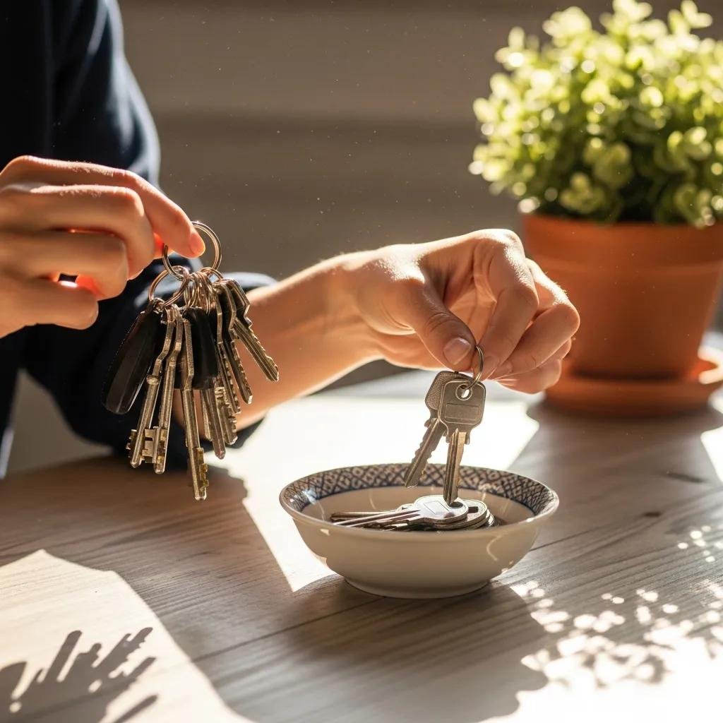 Person decluttering a keychain by sorting keys into a bowl for better organization, emphasizing efficient key management and reducing lockout risks.