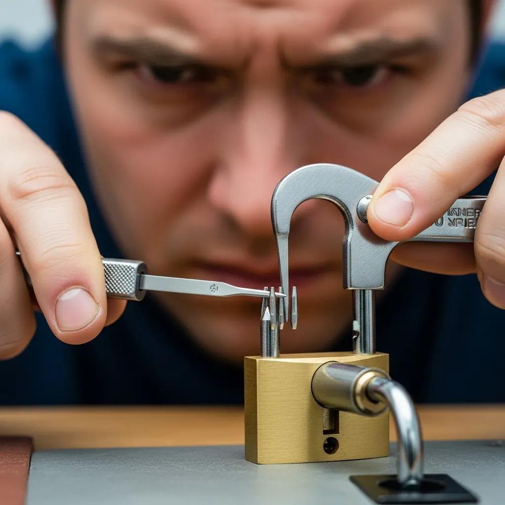 Person demonstrating lock picking techniques with a pick and tension wrench on a pin tumbler lock