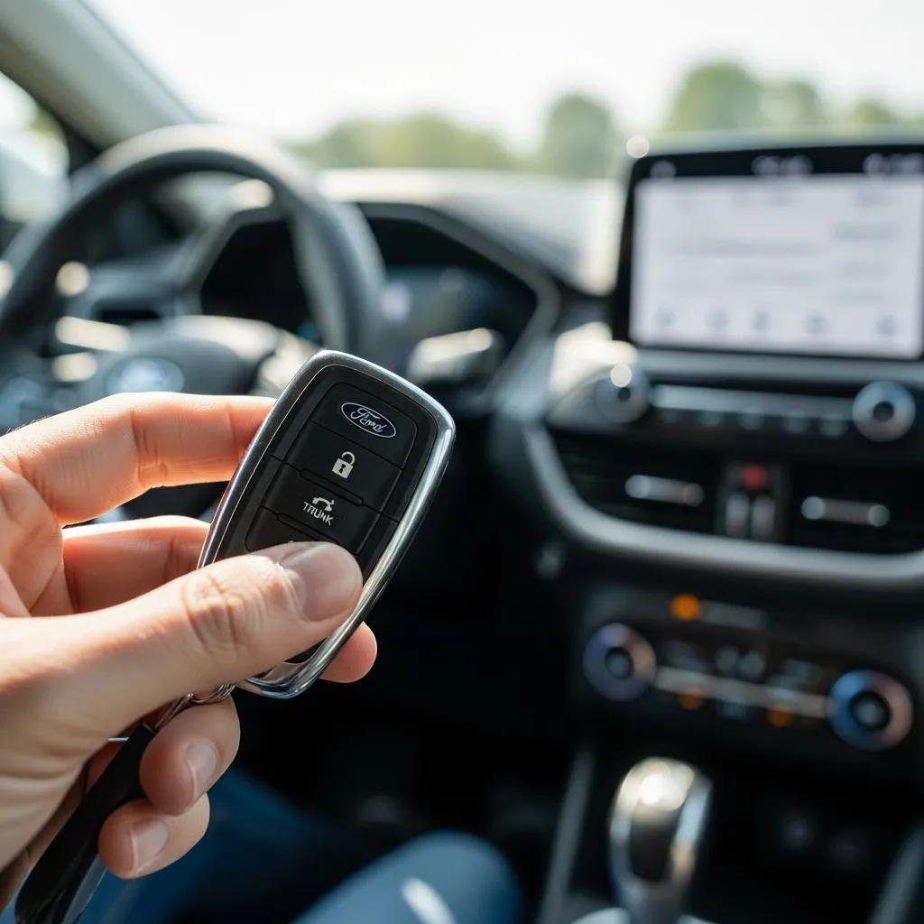 Person holding a Ford key fob inside a car, illustrating key fob features and programming
