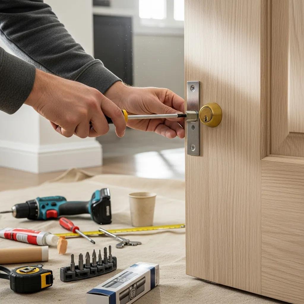 Person installing a deadbolt lock on a wooden door with tools laid out