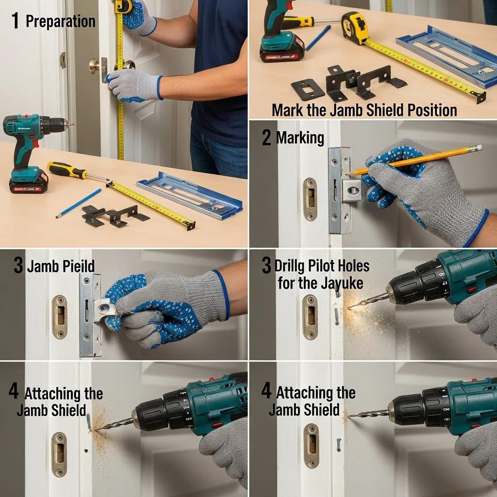 Person installing a jamb shield and high-security strike plate on a door