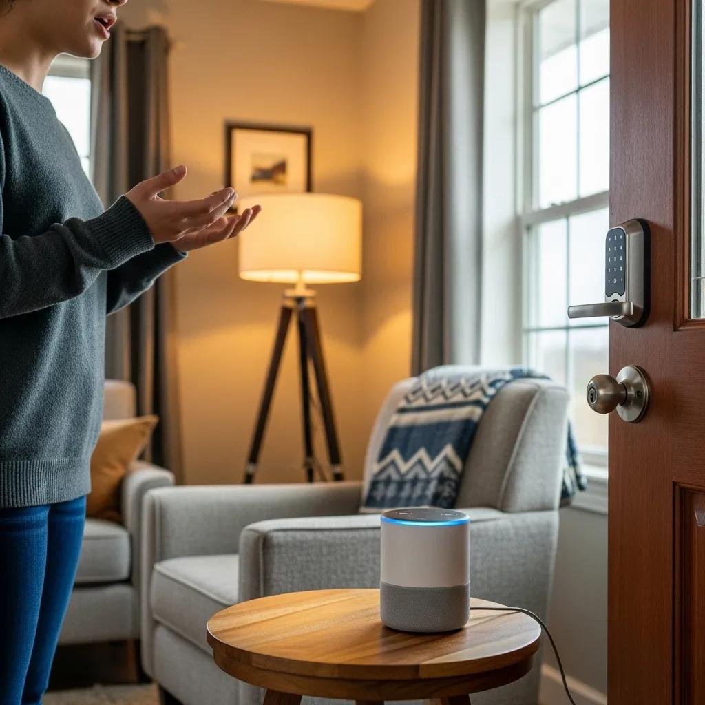 Person interacting with a smart lock using voice commands, highlighting the functionality of Alexa integration